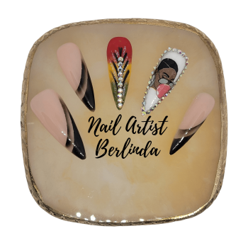 Press on Neutral Colored Nails with Girl Blowing Bubble and Rhinestones